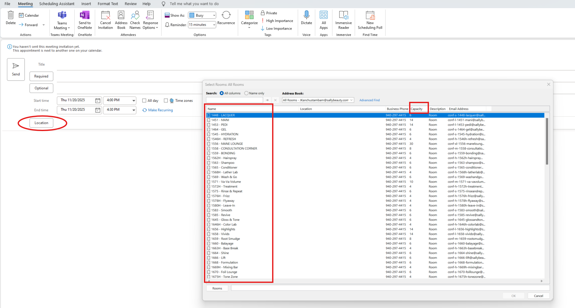 Outlook location selection